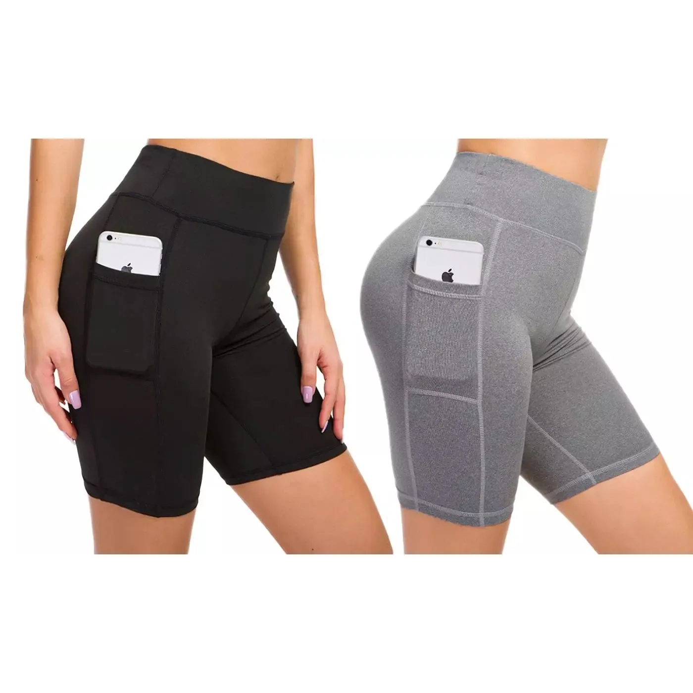 2-Pack: Women High Waist Workout Yoga Side Pocket Compression Cycling Shorts