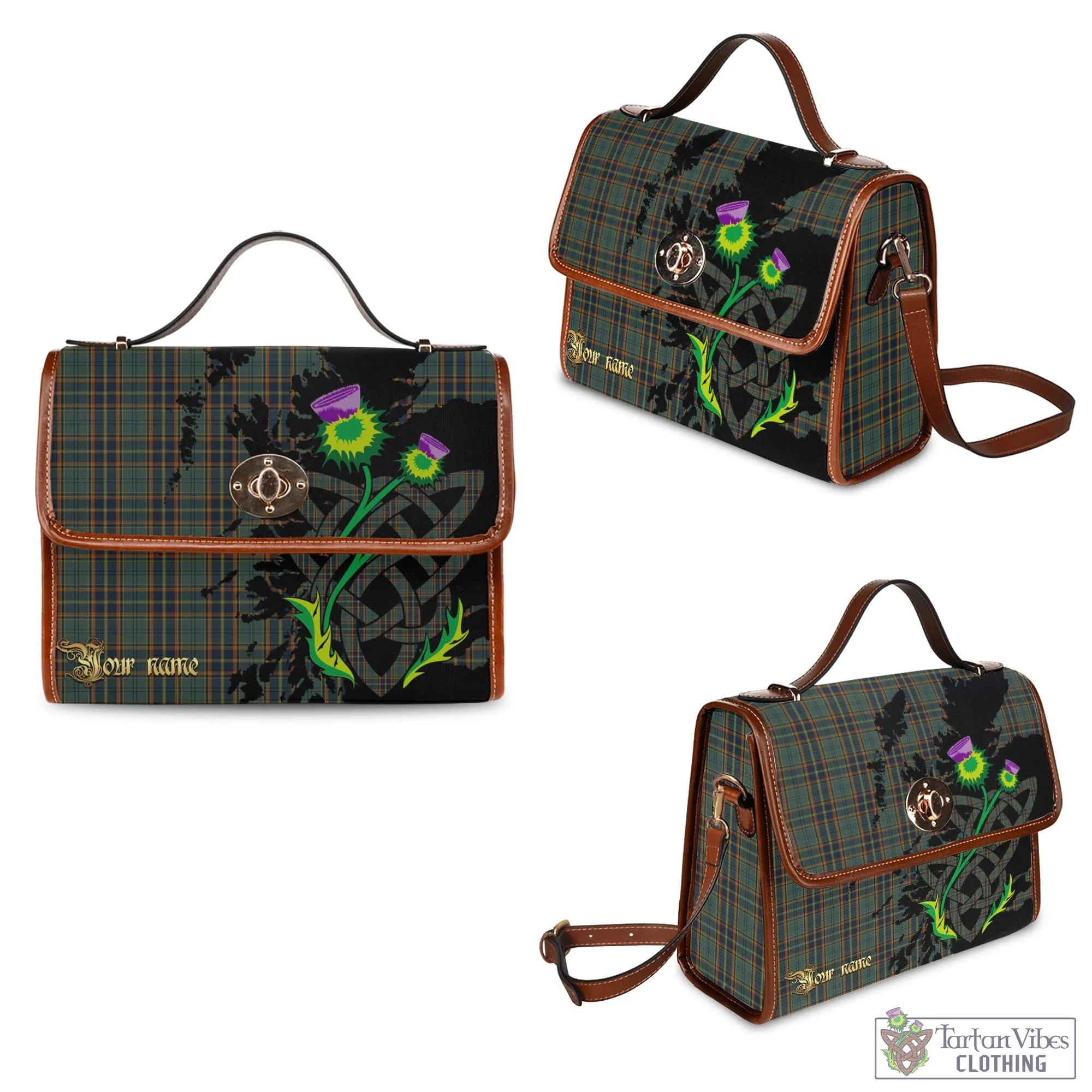 Antrim County Ireland Tartan Waterproof Canvas Bag with Scotland Map and Thistle Celtic Accents