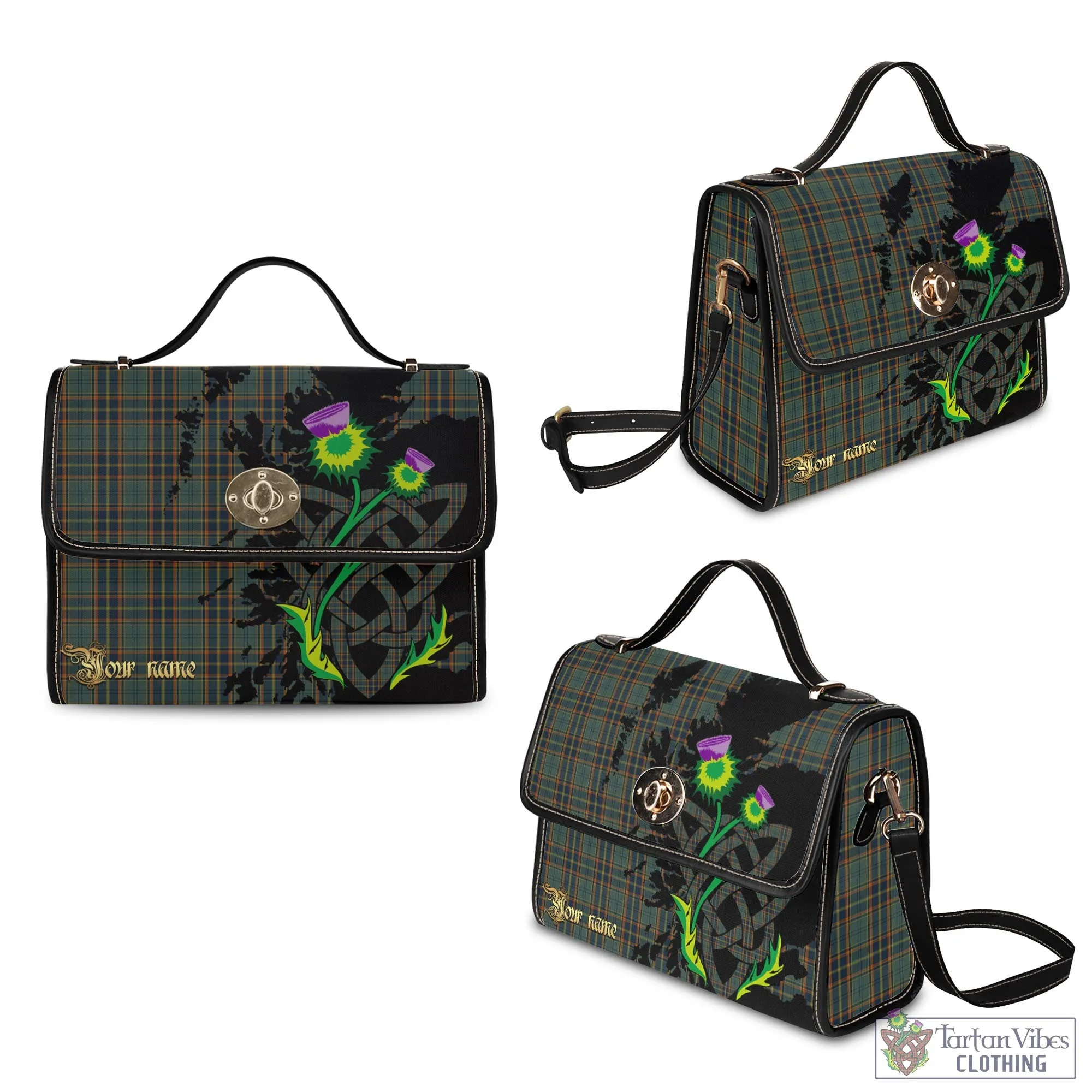 Antrim County Ireland Tartan Waterproof Canvas Bag with Scotland Map and Thistle Celtic Accents