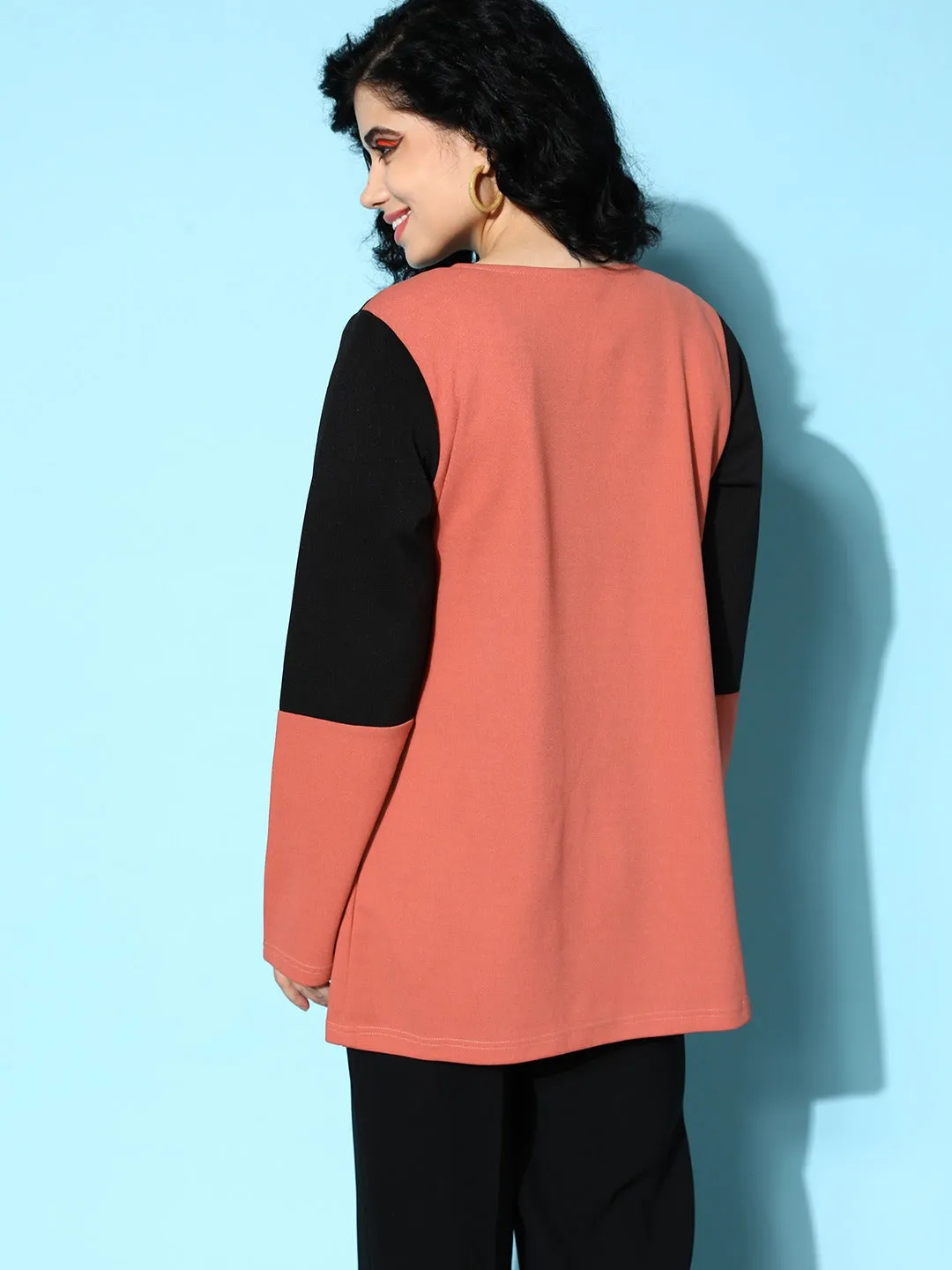 Berrylush Women Coral Pink & Black Colourblocked Pattern Collarless Neck Open-Front Straight Longline Jacket