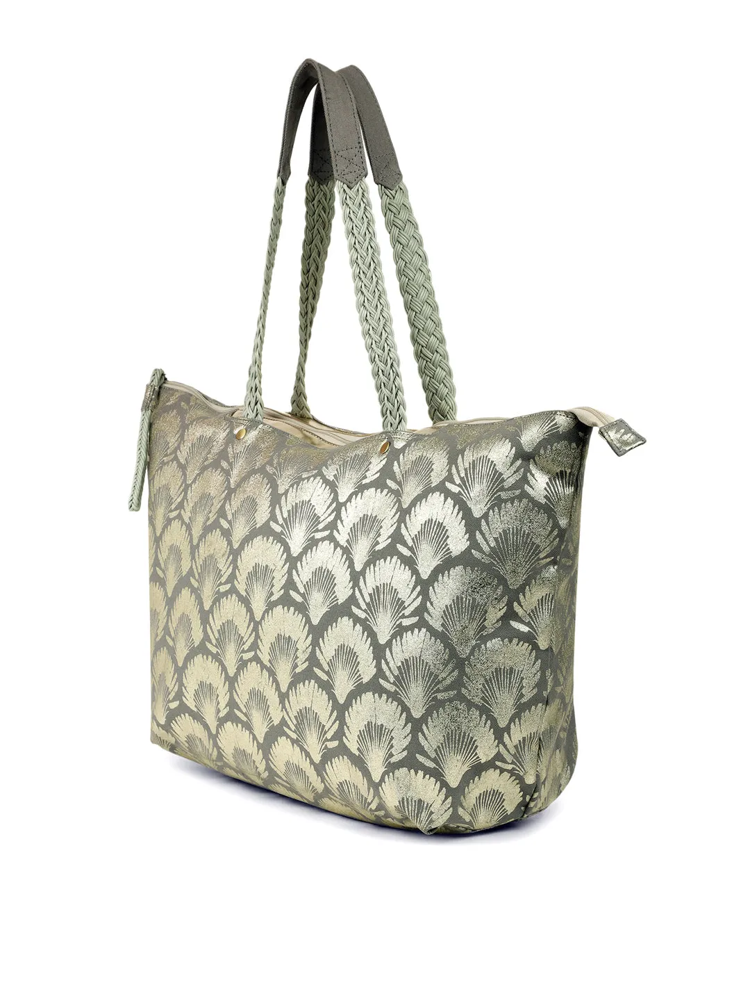 Berrylush Women Grey Floral Printed Canvas Zipper-Up Two-Handle Regular Tote Bag