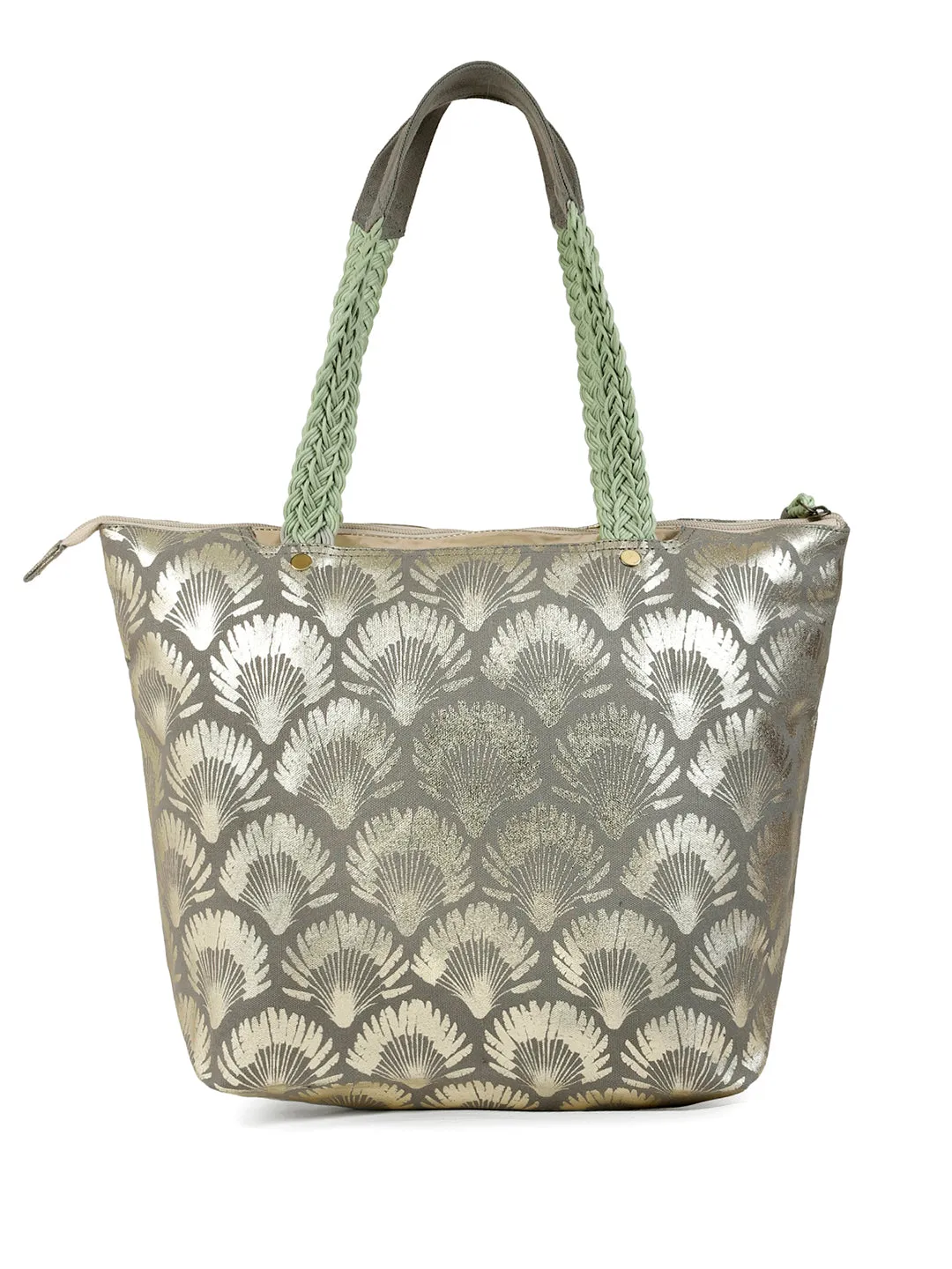 Berrylush Women Grey Floral Printed Canvas Zipper-Up Two-Handle Regular Tote Bag