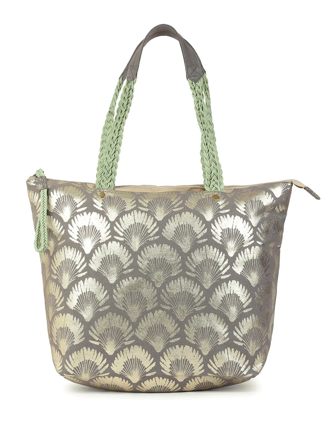 Berrylush Women Grey Floral Printed Canvas Zipper-Up Two-Handle Regular Tote Bag