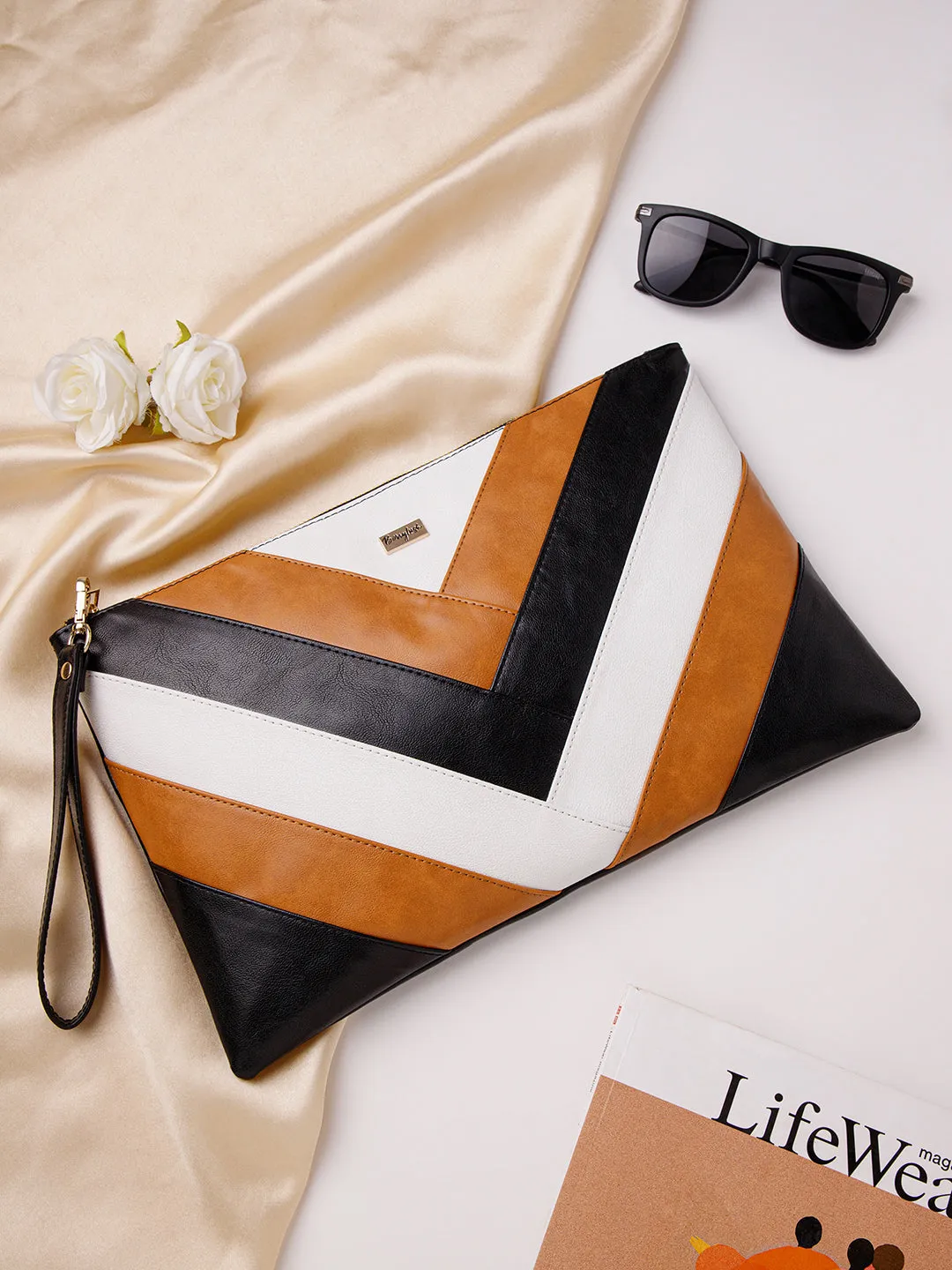 Berrylush Women Striped Black, Brown, & White Synthetic Leather Detachable Sling Strap Zipper-Up Pouch Bag