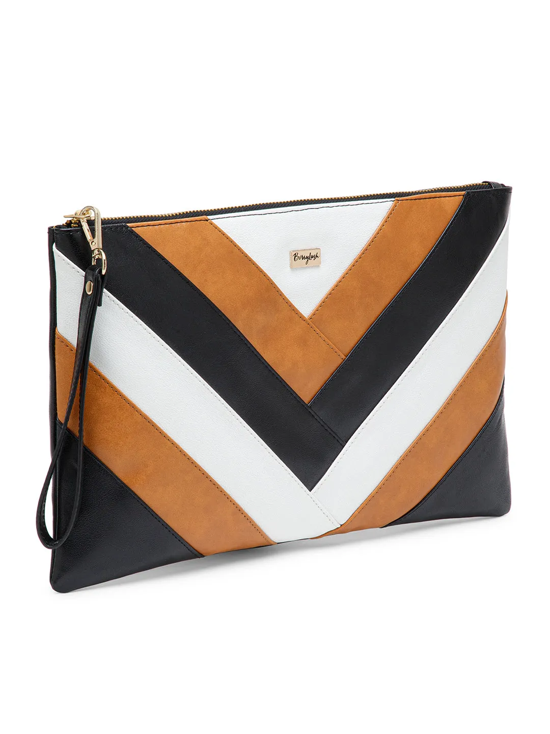 Berrylush Women Striped Black, Brown, & White Synthetic Leather Detachable Sling Strap Zipper-Up Pouch Bag