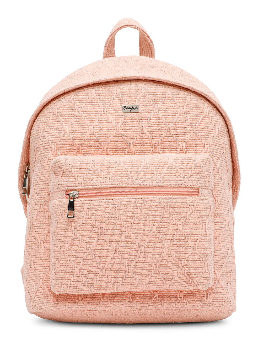 Berrylush Women Textured Pink Fabric Zipper-Up Padded Shoulder Strap Laptop Backpack