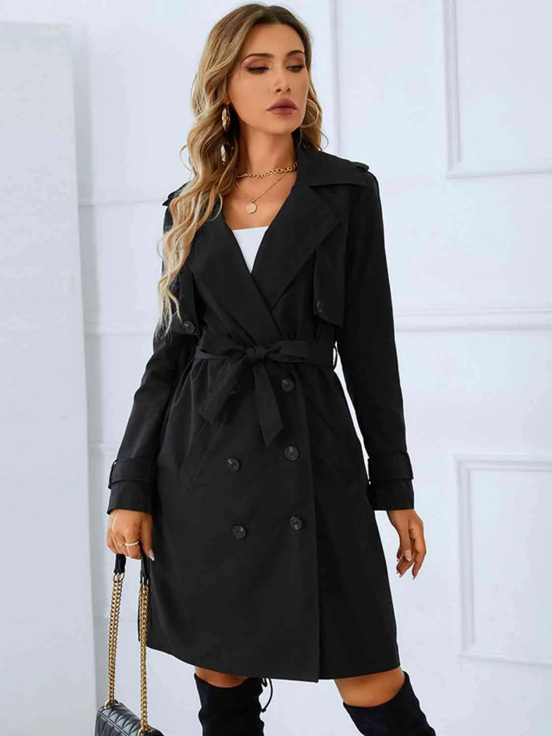 Classic Black Lapel Collar Tie Belt Double-Breasted Trench Coat