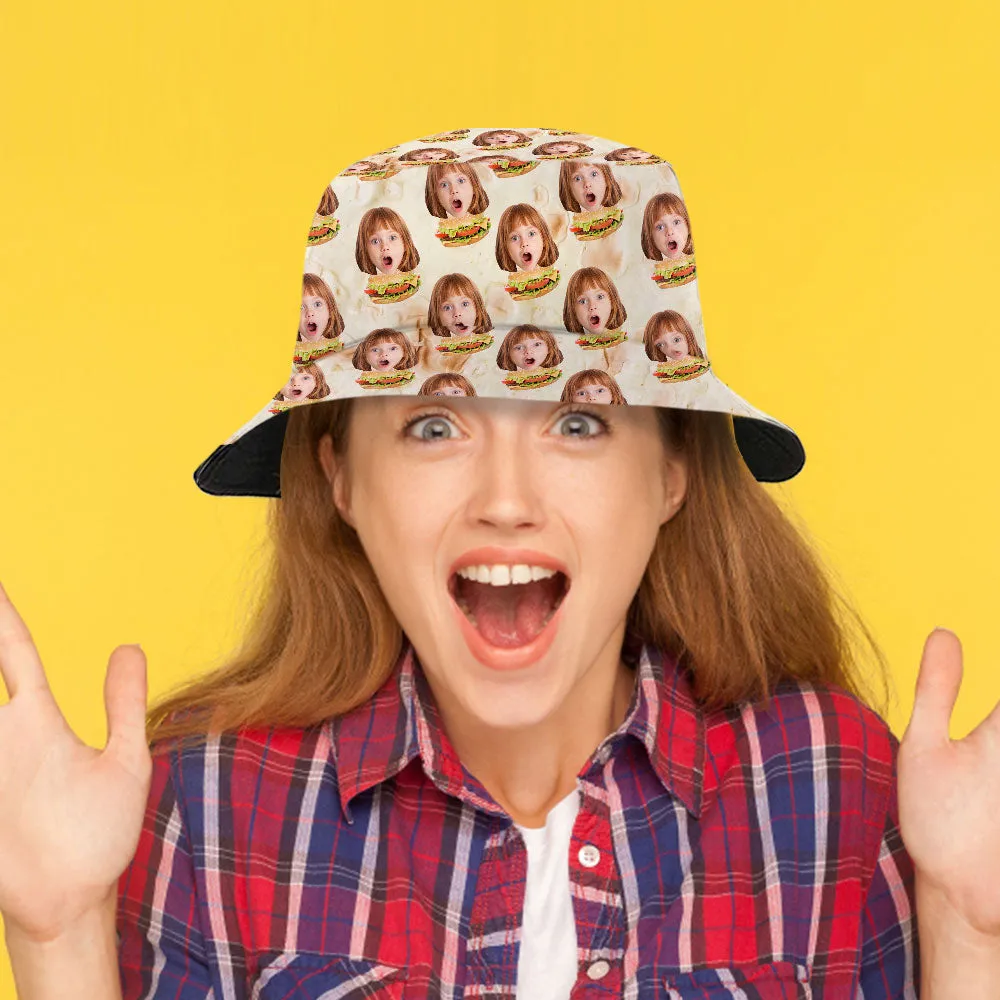 Custom Bucket Hat Personalised Face Hamburger Bucket Hat Summer Wide Brim Fisherman Hat Gifts