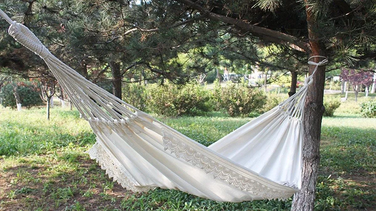 Double Bohemia Cotton Hammock Hanging Swing with Tassels for Trees