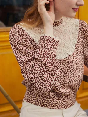 【Final Sale】Sofia Maple Leaf Print Lantern Sleeve Lace Contrast Blouse