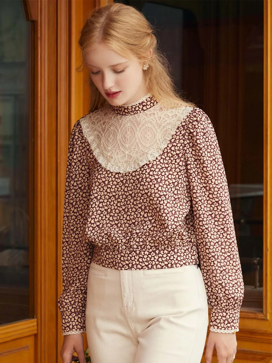 【Final Sale】Sofia Maple Leaf Print Lantern Sleeve Lace Contrast Blouse