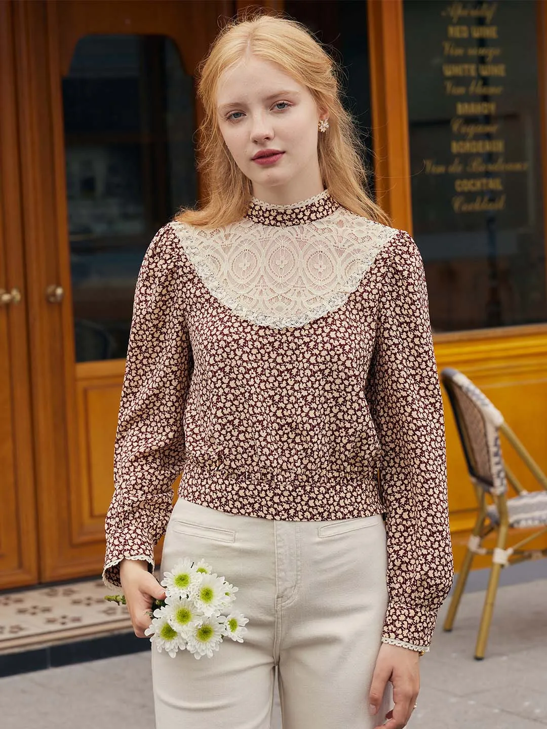 【Final Sale】Sofia Maple Leaf Print Lantern Sleeve Lace Contrast Blouse