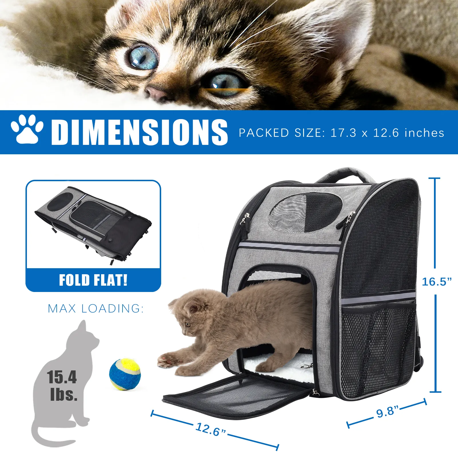 FluffyDream Pet Carrier Backpack for Large/Small Cats and Dogs; Puppies; Safety Features and Cushion Back Support for Travel; Hiking; Outdoor Use; Black