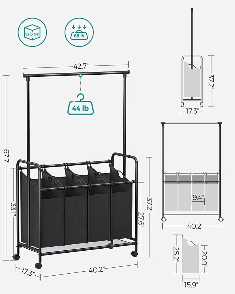 Heavy-Duty 4-Bag Laundry Sorter Rolling Cart w/Bar, Black - SONGMICS