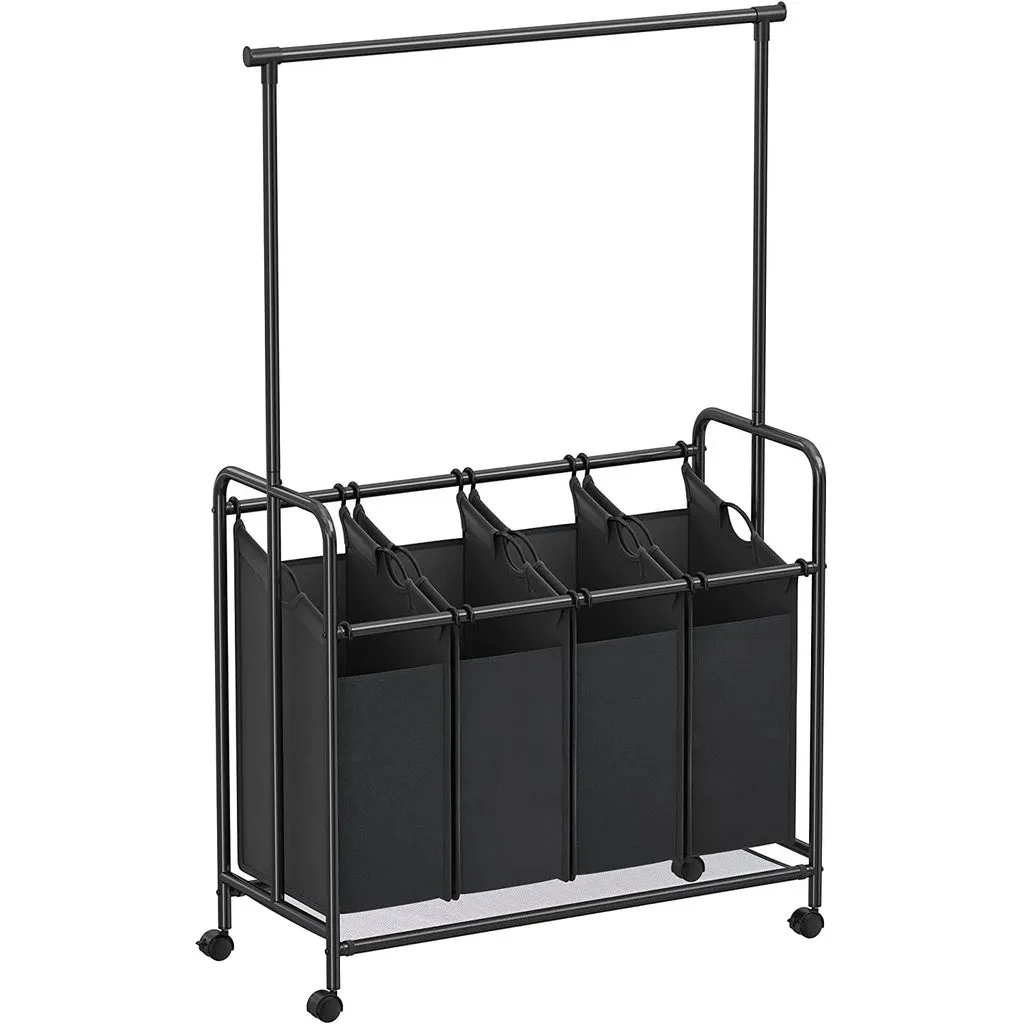 Heavy-Duty 4-Bag Laundry Sorter Rolling Cart w/Bar, Black - SONGMICS