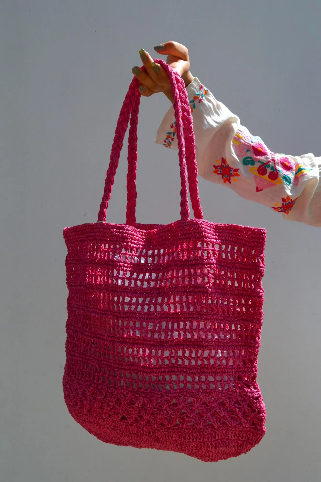 Indi & Cold Pink Fluorescent Raffia Bag