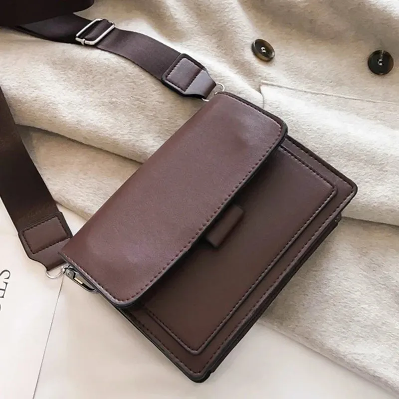 Ladies Messenger Bag New Solid Color 2023 New Trendy Wide Shoulder Strap Small Square Bag Retro Casual Simple Crossbody Bag