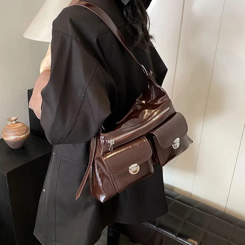 Large Shoulder Bags Leather Retro Outer Push Lock Pockets Zipper Women Handbags