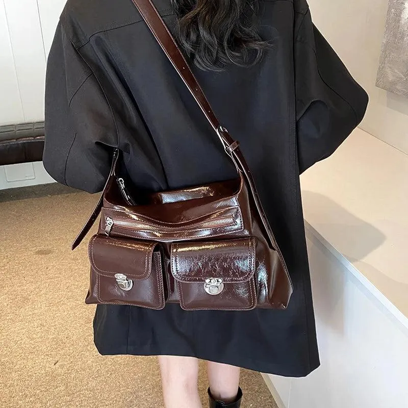 Large Shoulder Bags Leather Retro Outer Push Lock Pockets Zipper Women Handbags