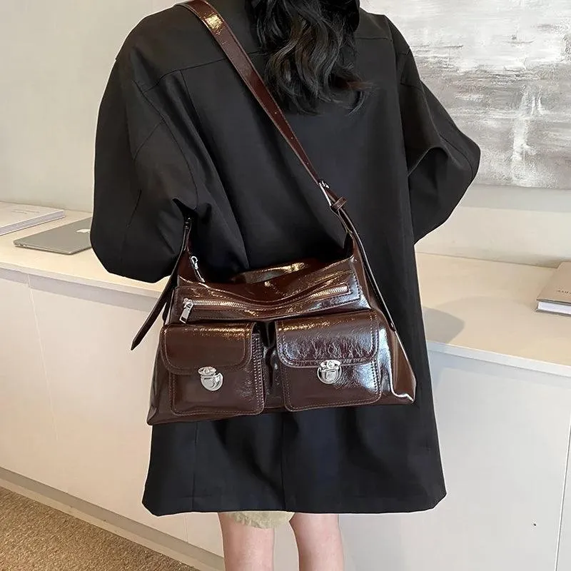 Large Shoulder Bags Leather Retro Outer Push Lock Pockets Zipper Women Handbags