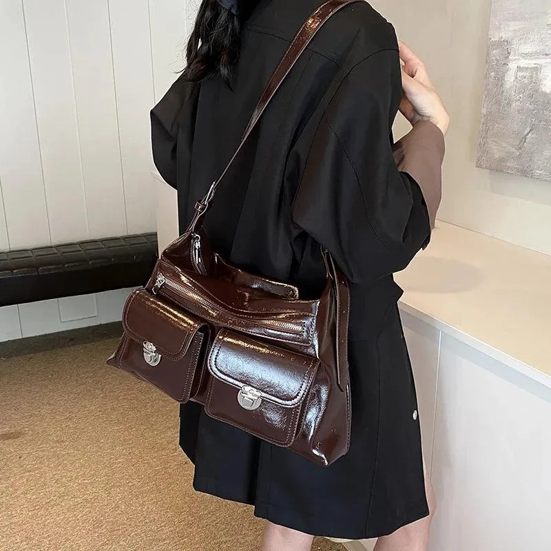 Large Shoulder Bags Leather Retro Outer Push Lock Pockets Zipper Women Handbags