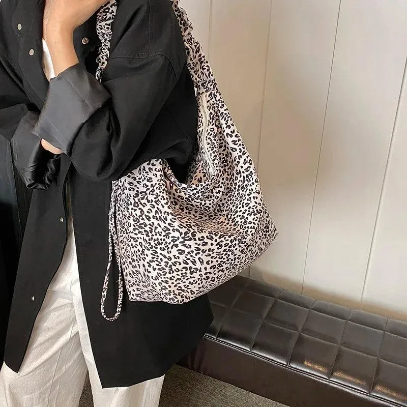 Leopard Large Shoulder Bags Soft Canvas Fabric Zip Women's Shrink Ruffle Handle