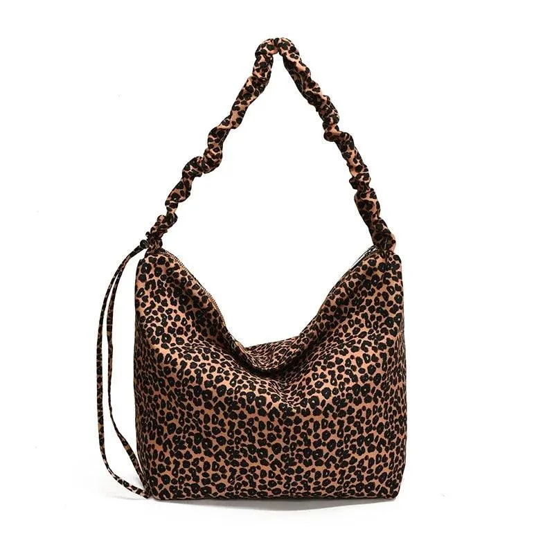 Leopard Large Shoulder Bags Soft Canvas Fabric Zip Women's Shrink Ruffle Handle