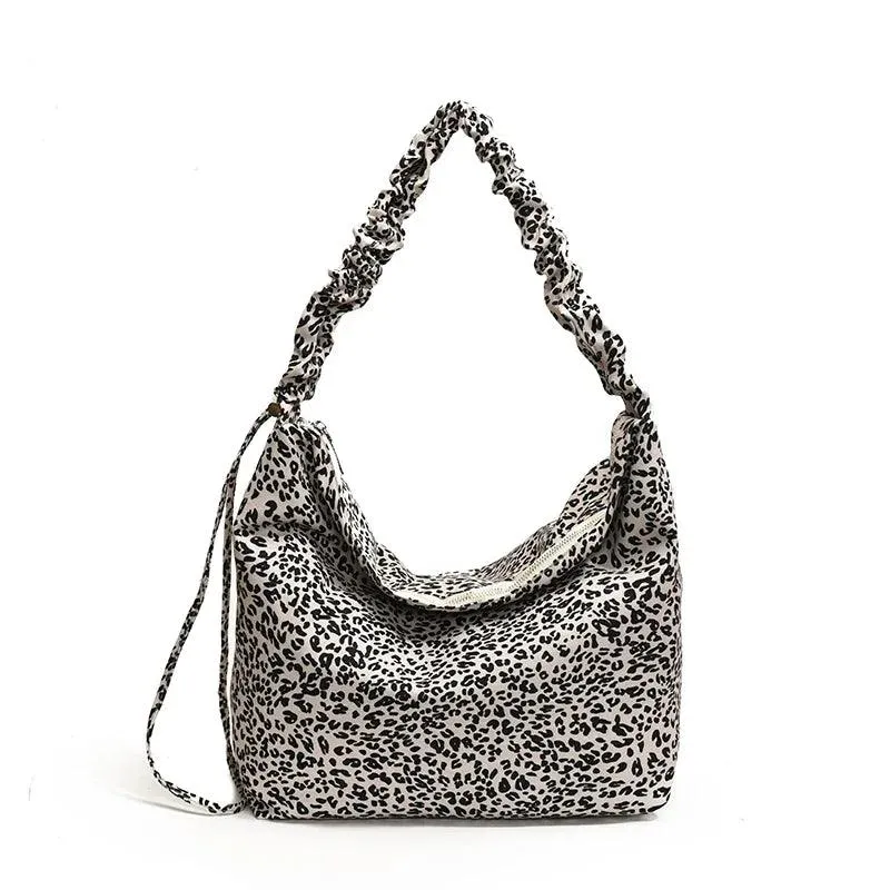 Leopard Large Shoulder Bags Soft Canvas Fabric Zip Women's Shrink Ruffle Handle