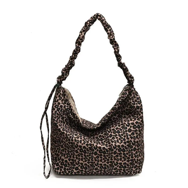 Leopard Large Shoulder Bags Soft Canvas Fabric Zip Women's Shrink Ruffle Handle