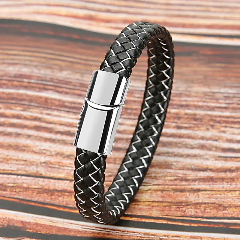 Mibrow Vintage Braided Leather Bracelet for Men Women Metal Magnetic Clasps Bracelets Punk Charm Men Fashion Jewelry