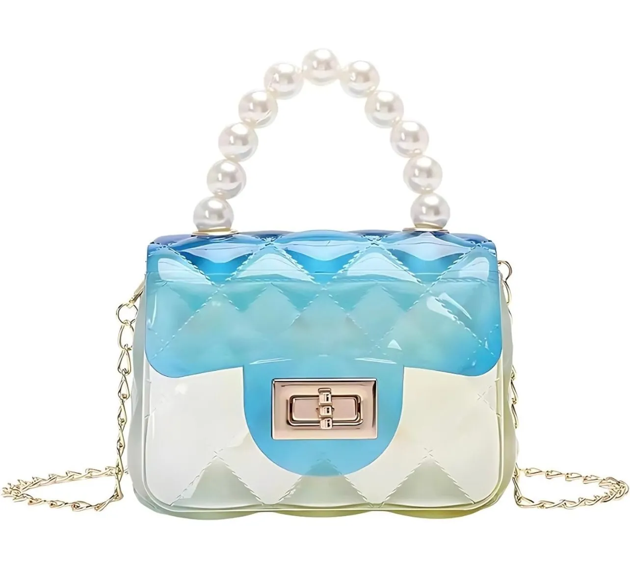 Mini Jelly Purse Flap Clear Handbag with Pearls Top Handle Faux Quilted Crossbody Bag