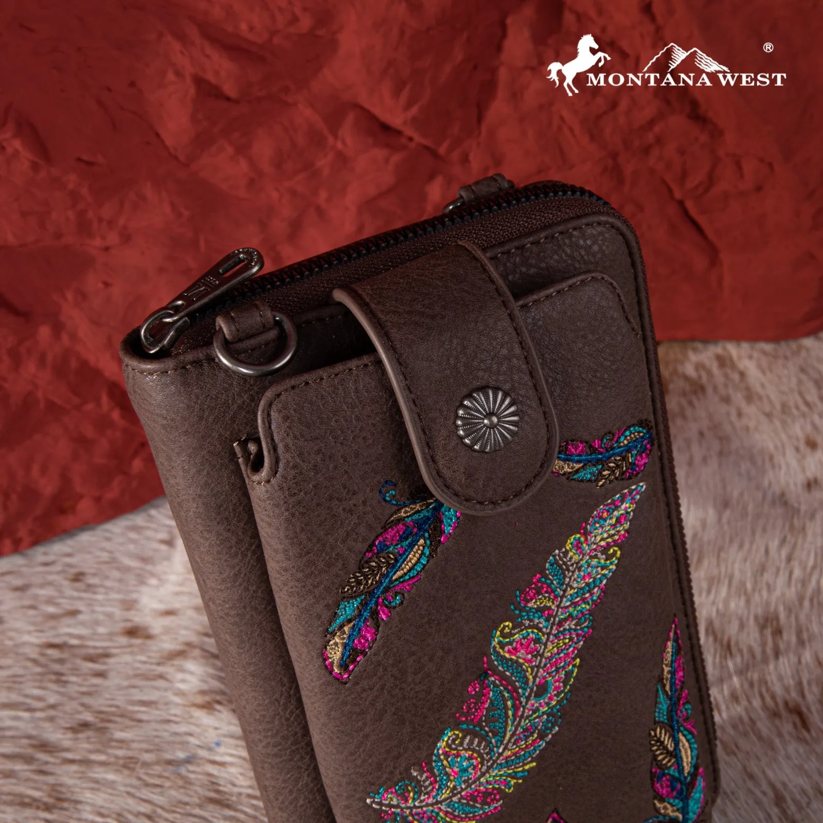 Montana West Embroidered Feather Crossbody Phone Wallet