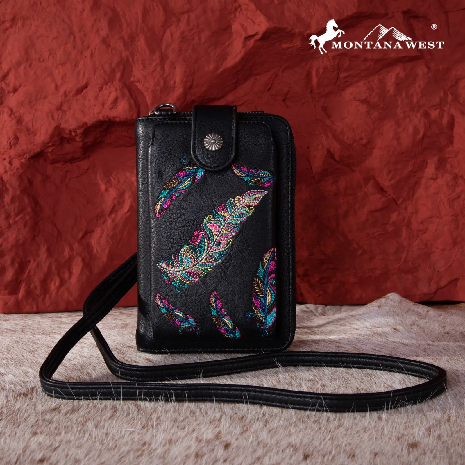 Montana West Embroidered Feather Crossbody Phone Wallet