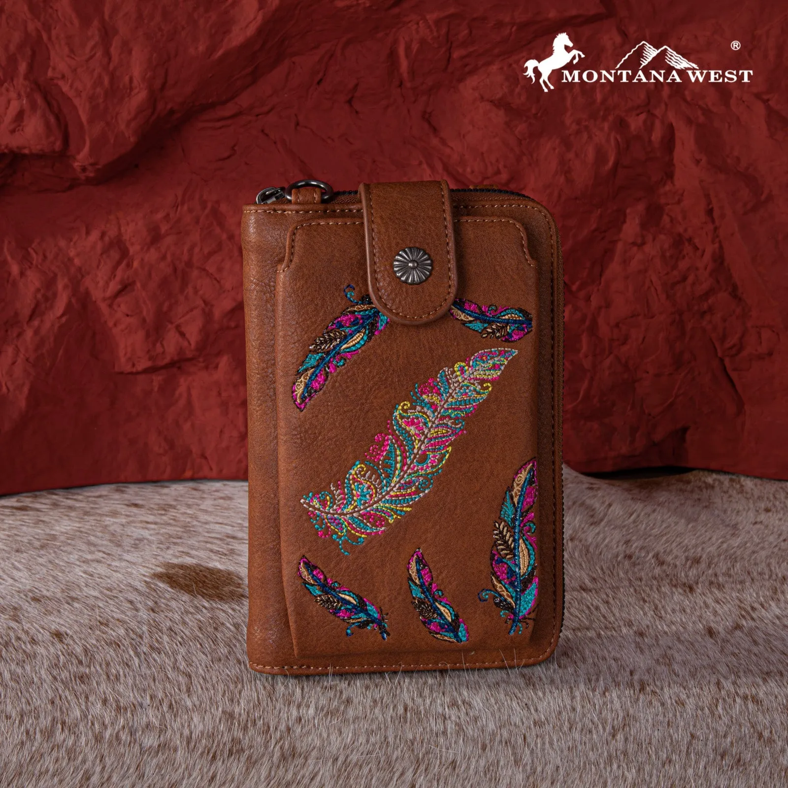 Montana West Embroidered Feather Crossbody Phone Wallet