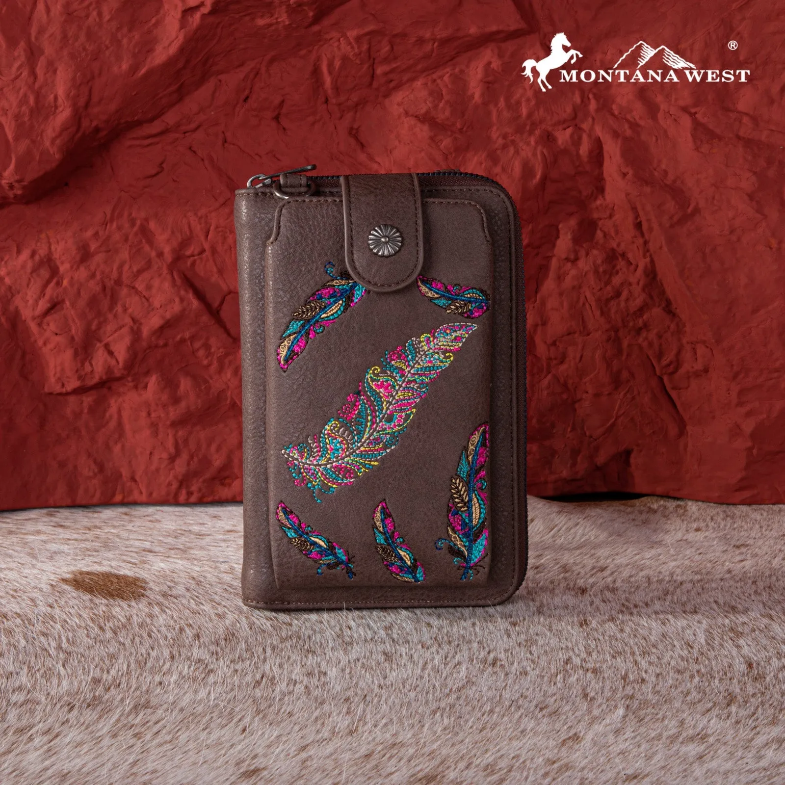 Montana West Embroidered Feather Crossbody Phone Wallet