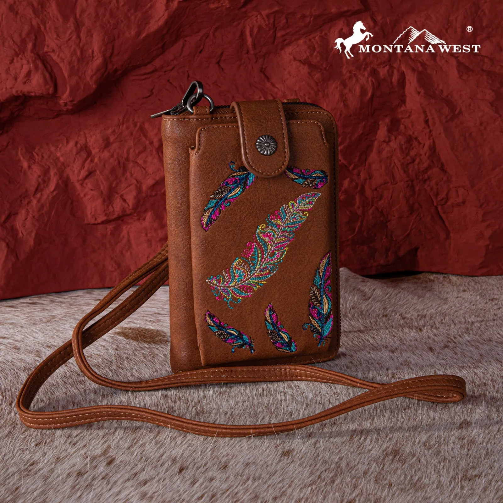 Montana West Embroidered Feather Crossbody Phone Wallet