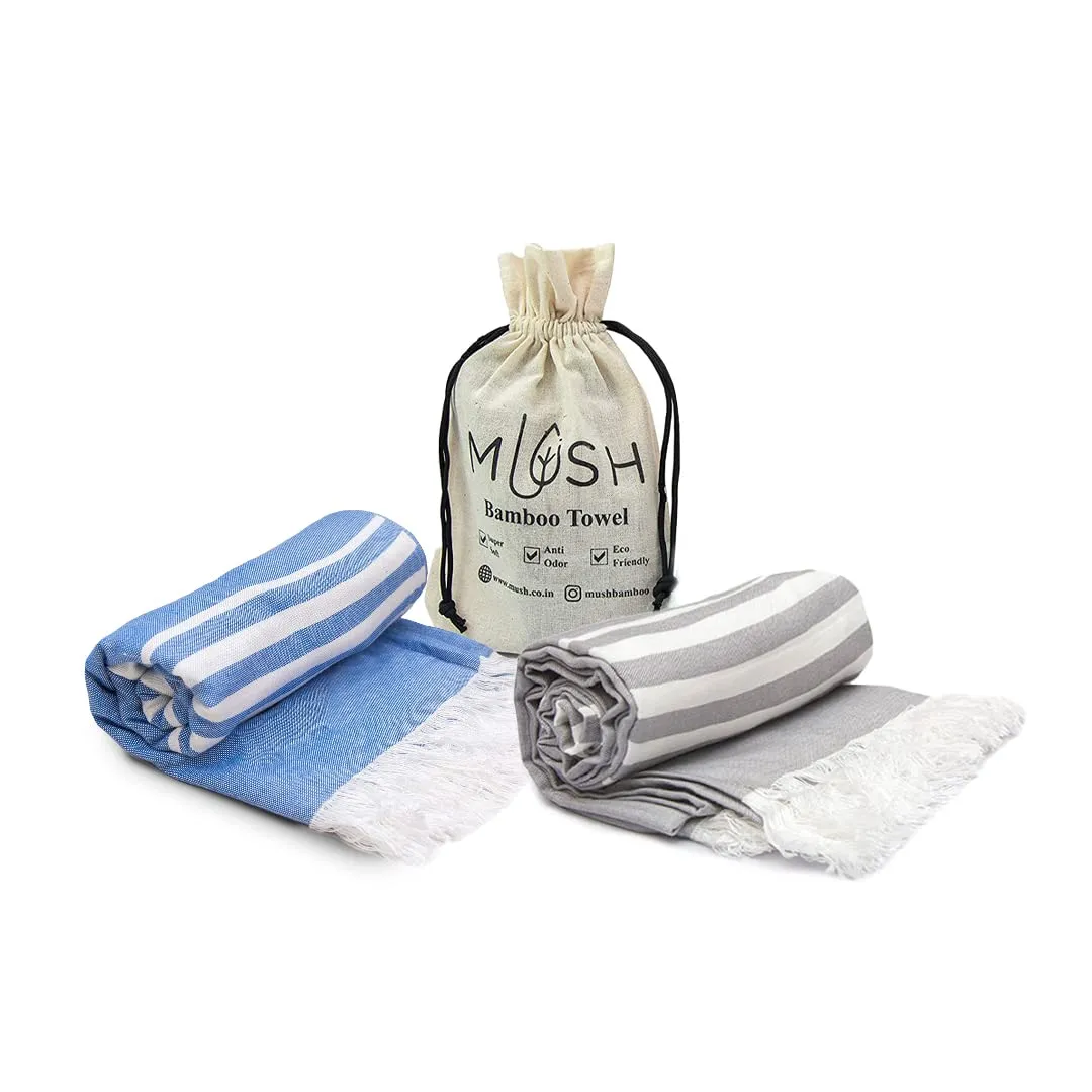 Mush 100% Bamboo Light Weight & Ultra-Compact Turkish Towel Super Soft, Absorbent, Quick Dry, Anti-Odor Bamboo Towel for Bath, Travel, Gym, Swim and Workout (2, Blue - Grey)