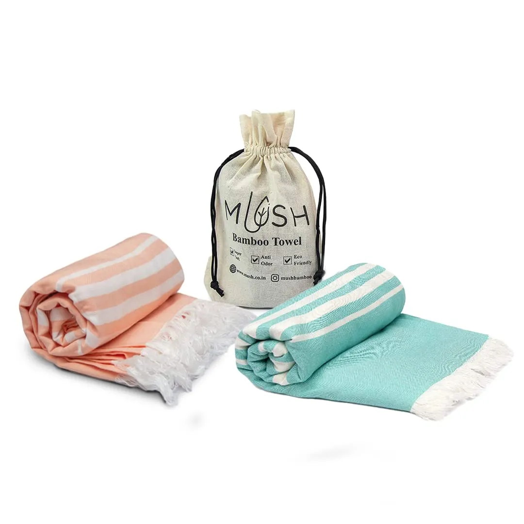 Mush 100% Bamboo Light Weight & Ultra-Compact Turkish Towel Super Soft, Absorbent, Quick Dry, Anti-Odor Bamboo Towel for Bath, Travel, Gym, Swim and Workout (2, Peach - Aqua)