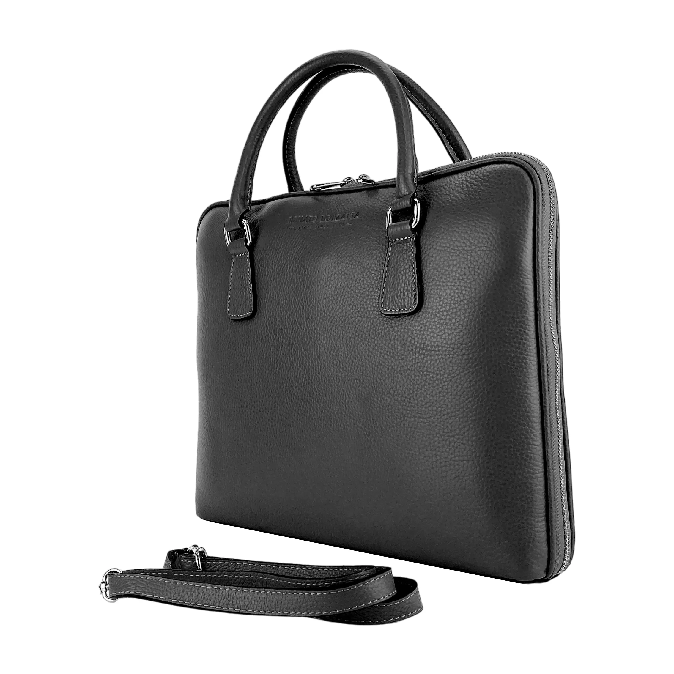 RB1019A | Unisex Business Briefcase in Genuine Leather Made in Italy with removable shoulder strap. Attachments with shiny nickel metal snap hooks - Black color - Dimensions: 37 x 29 x 6.5 cm