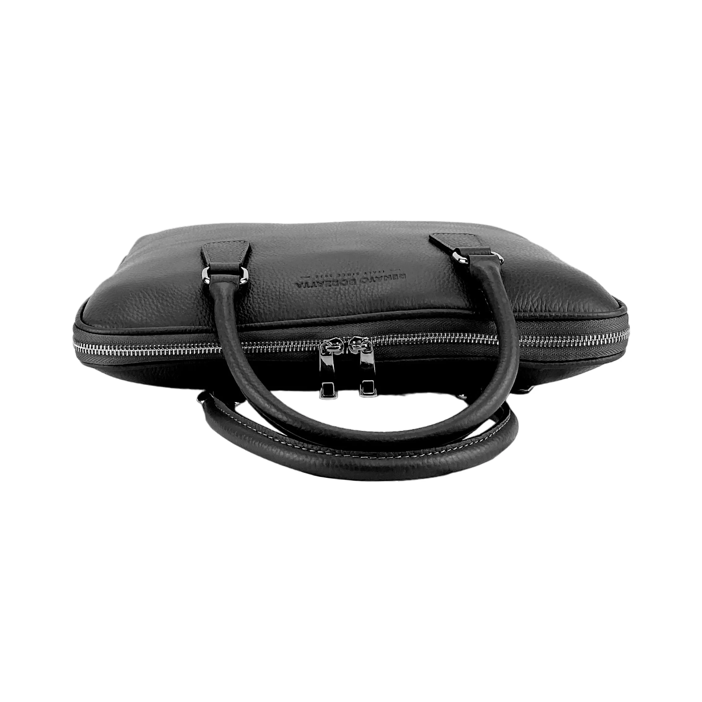 RB1019A | Unisex Business Briefcase in Genuine Leather Made in Italy with removable shoulder strap. Attachments with shiny nickel metal snap hooks - Black color - Dimensions: 37 x 29 x 6.5 cm