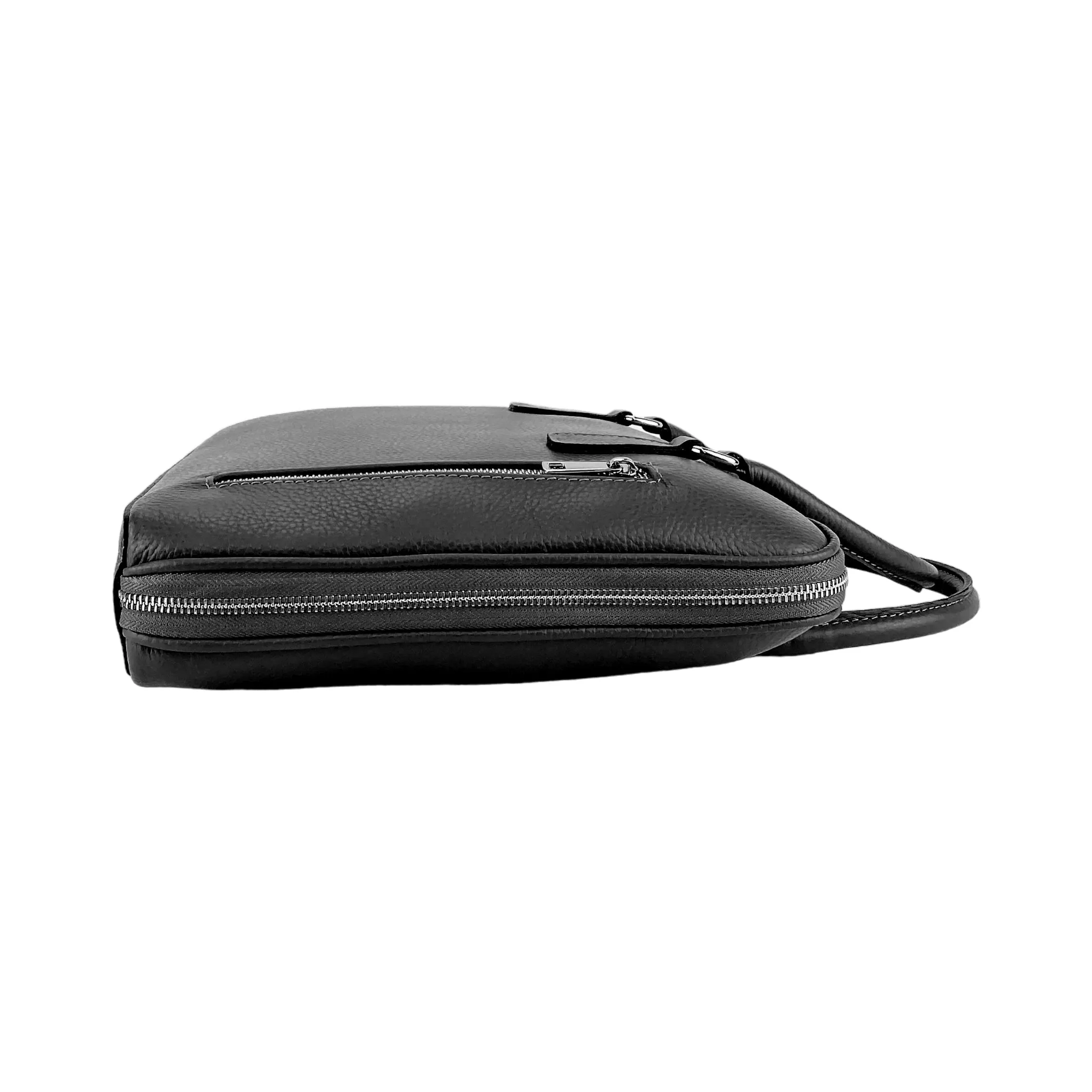 RB1019A | Unisex Business Briefcase in Genuine Leather Made in Italy with removable shoulder strap. Attachments with shiny nickel metal snap hooks - Black color - Dimensions: 37 x 29 x 6.5 cm