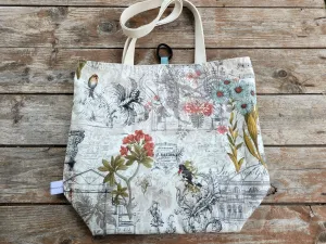 Reusable Compact Shopping Bag, Basic Tote Bag with botanicals, birds, words