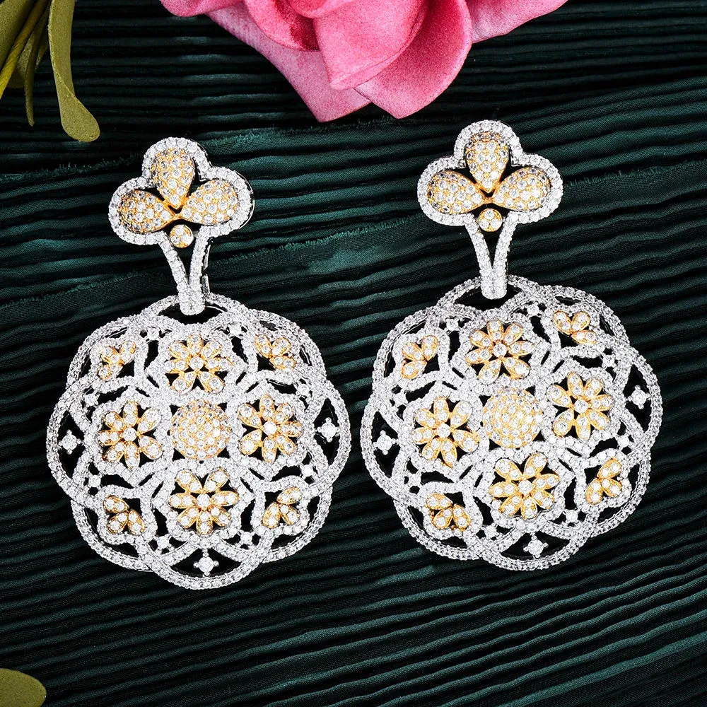 Round Disk Pendant Earrings Cubic Zirconia Pave Party Wedding Jewelry