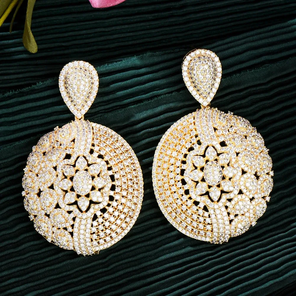 Round Disk Pendant Earrings Cubic Zirconia Pave Party Wedding Jewelry