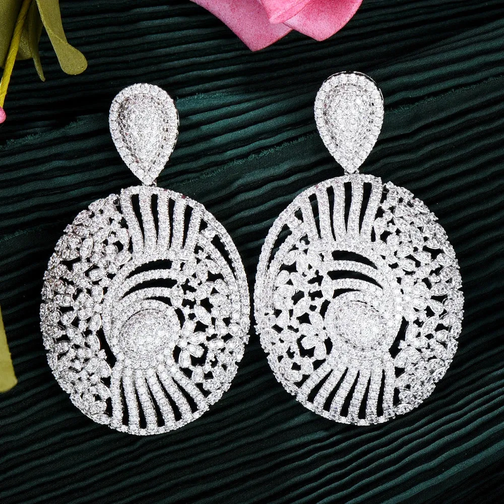 Round Disk Pendant Earrings Cubic Zirconia Pave Party Wedding Jewelry