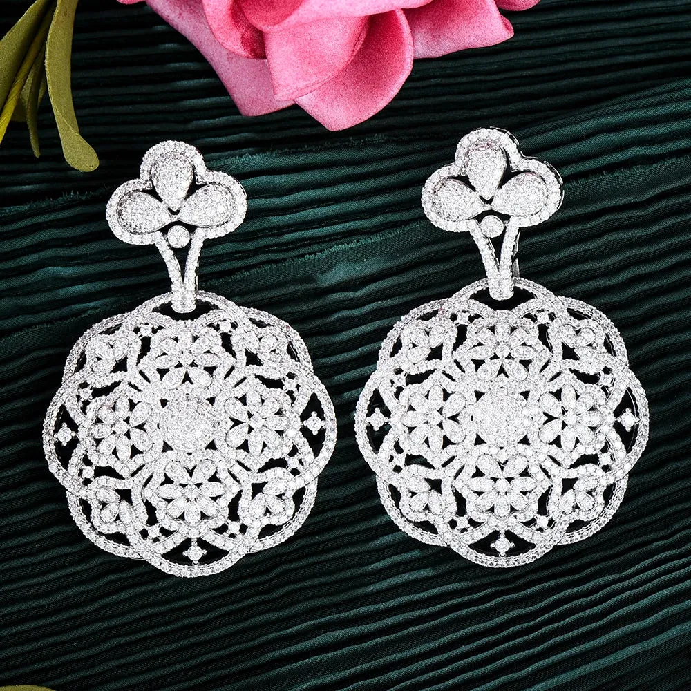 Round Disk Pendant Earrings Cubic Zirconia Pave Party Wedding Jewelry