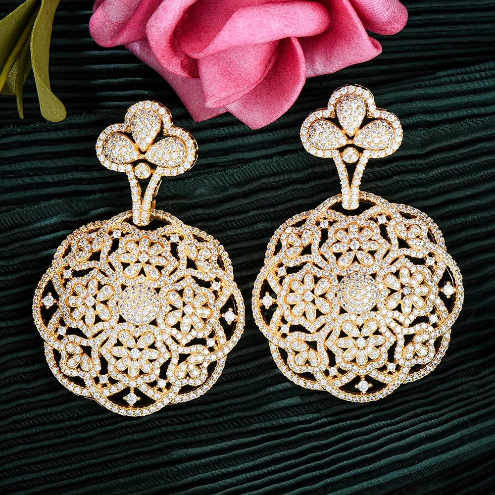 Round Disk Pendant Earrings Cubic Zirconia Pave Party Wedding Jewelry