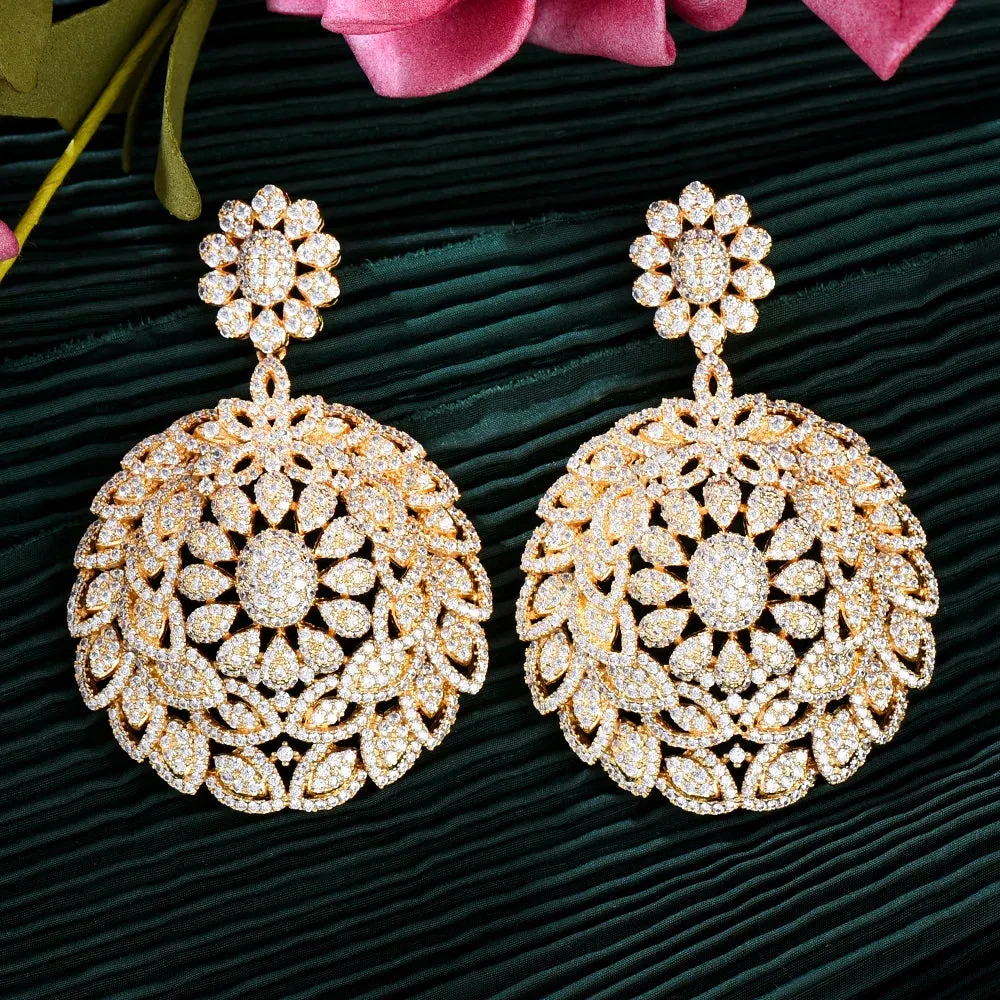 Round Disk Pendant Earrings Cubic Zirconia Pave Party Wedding Jewelry