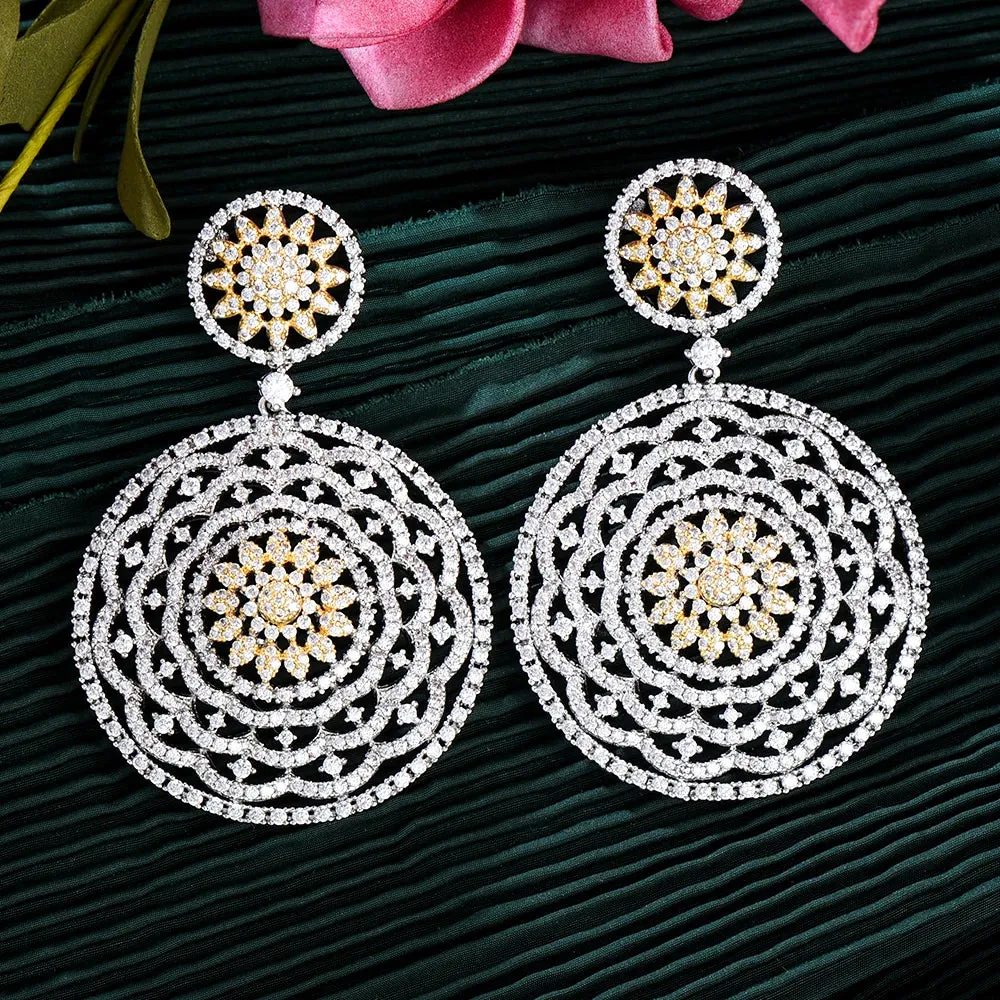 Round Disk Pendant Earrings Cubic Zirconia Pave Party Wedding Jewelry