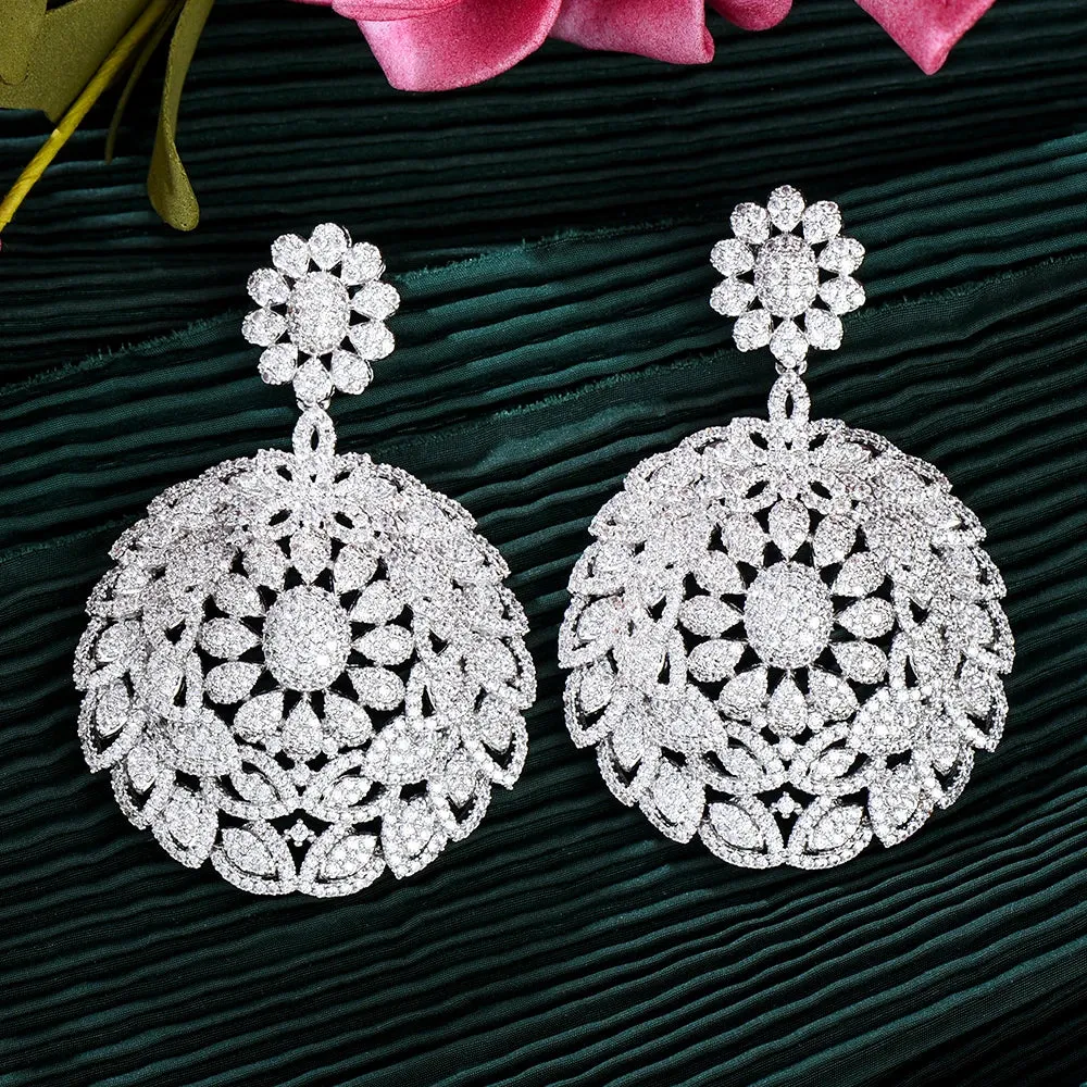 Round Disk Pendant Earrings Cubic Zirconia Pave Party Wedding Jewelry